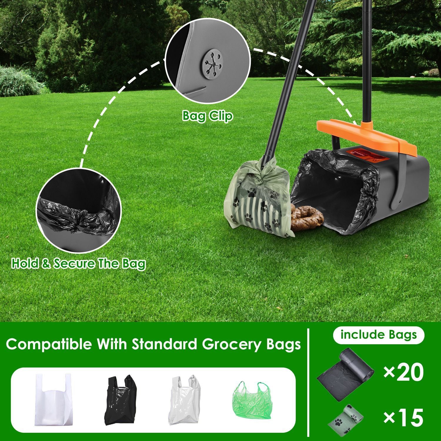 Pooper Scooper Kit Tool with Extra Long Handle 35 Waste Bags Dispenser